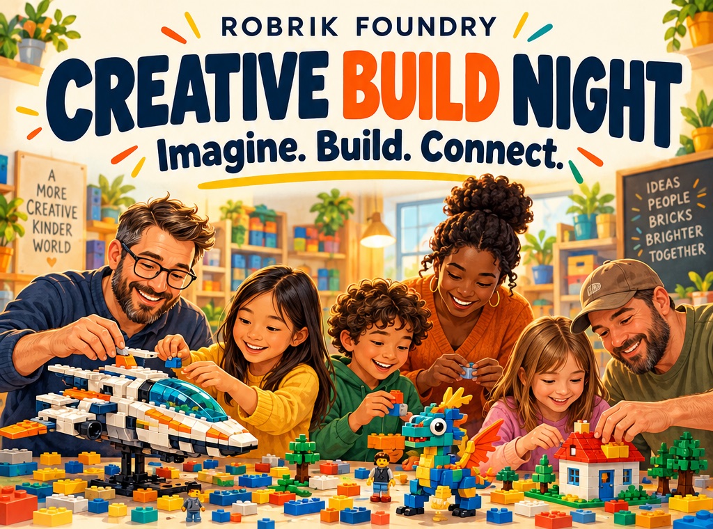 Creative Build Night at Robrik Foundry: Imagine. Build. Connect. Kids and adults building a spaceship, a dragon and a house from colorful bricks around a shared table.